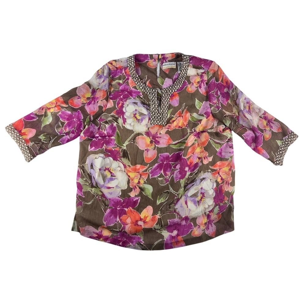 Alfred Dunner Floral Split Neck Blouse Women 18W Brown‎ Purple 3/4 Sleeve Casual